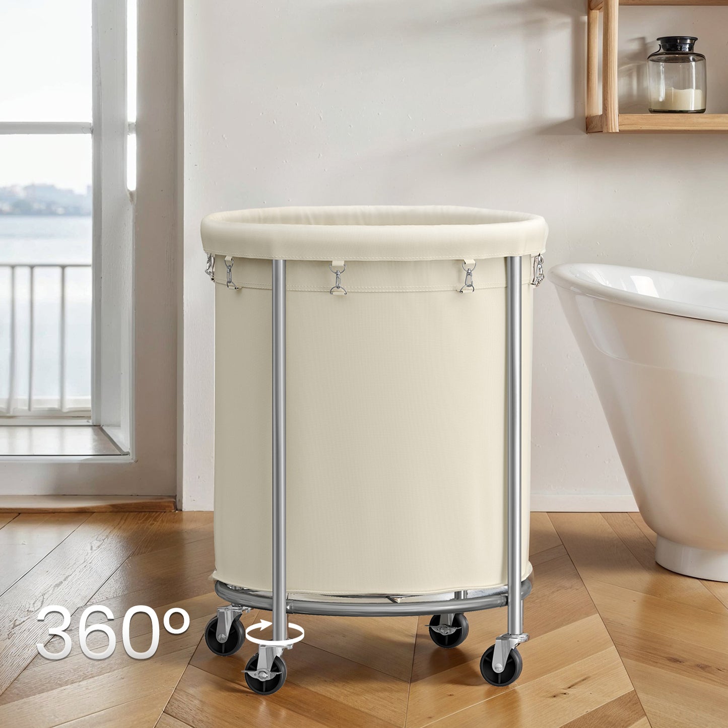 Rolling Laundry Hamper with Removable Bag – 45 Gal. Large Capacity Laundry Basket on Wheels, Steel Frame, 4 Casters (2 Locking), Cream & Silver