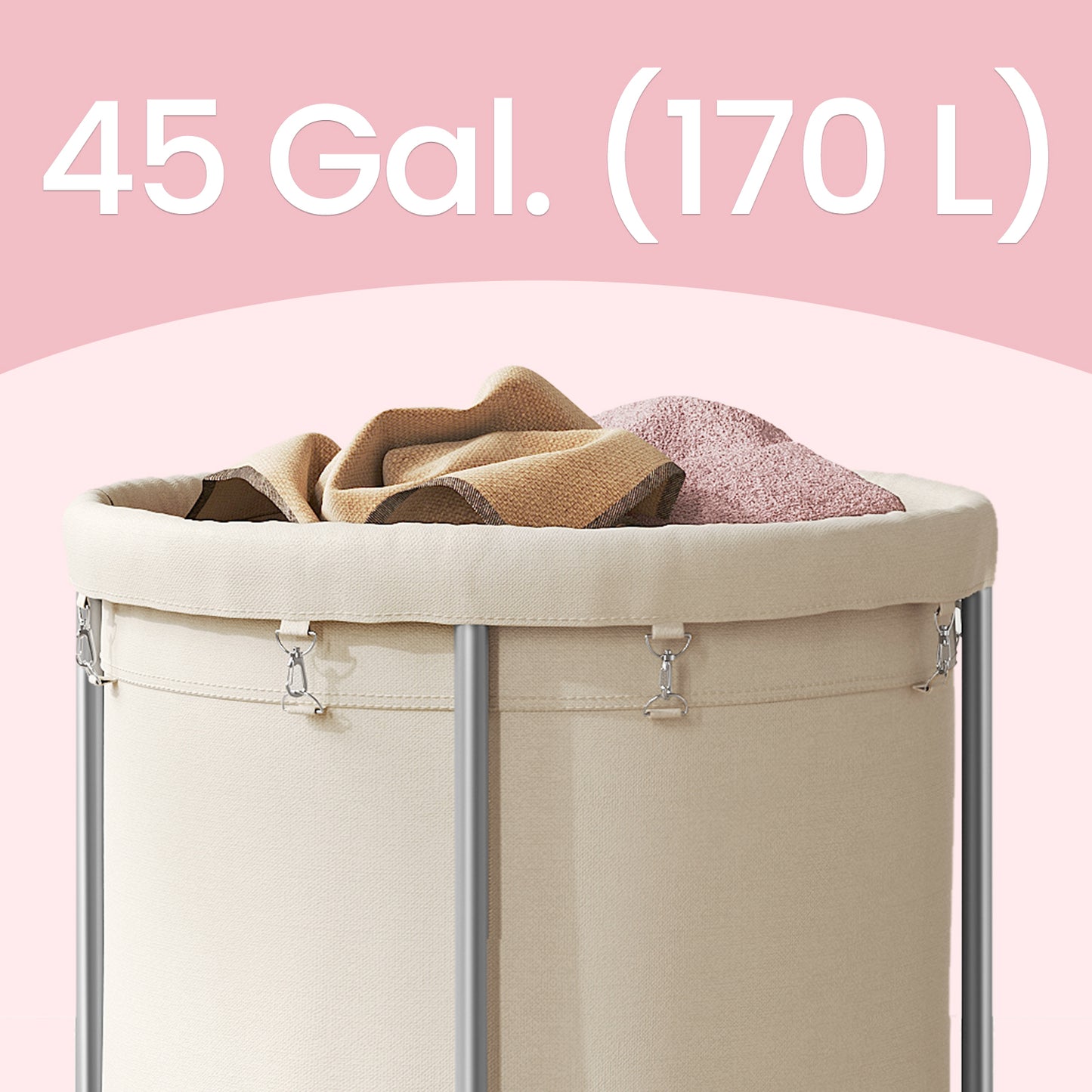 Rolling Laundry Hamper with Removable Bag – 45 Gal. Large Capacity Laundry Basket on Wheels, Steel Frame, 4 Casters (2 Locking), Cream & Silver