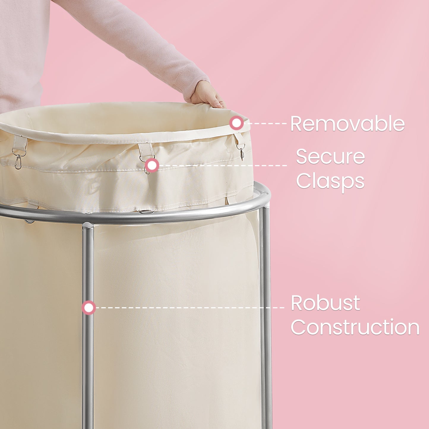 Rolling Laundry Hamper with Removable Bag – 45 Gal. Large Capacity Laundry Basket on Wheels, Steel Frame, 4 Casters (2 Locking), Cream & Silver