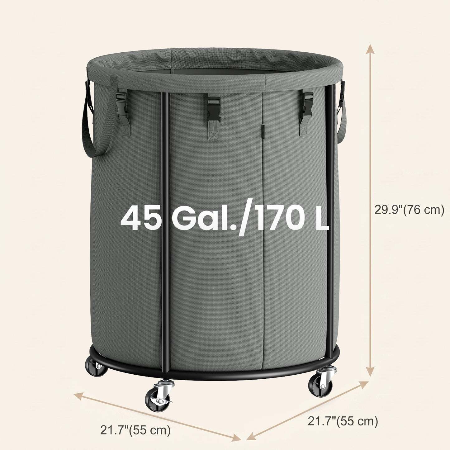 Large Clothes Hamper, Rolling Laundry Cart with Wheels, 45 Gal., 21.7 x 21.7 x 29.9 inches, Grey