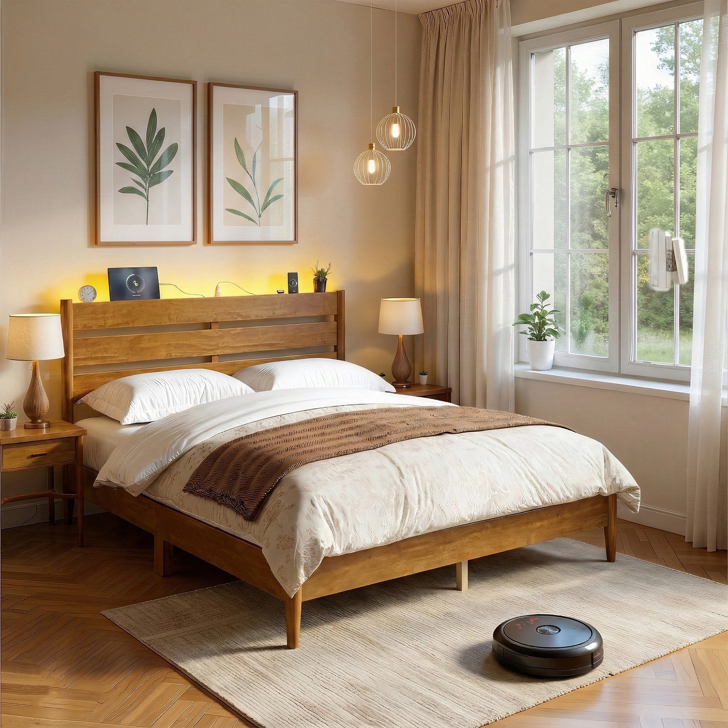 Queen Size Mid-Century Modern Platform Bed Frame with Headboard, Built-In LED Lights, 4-Port Charging Station, and Storage Shelf, Caramel Brown