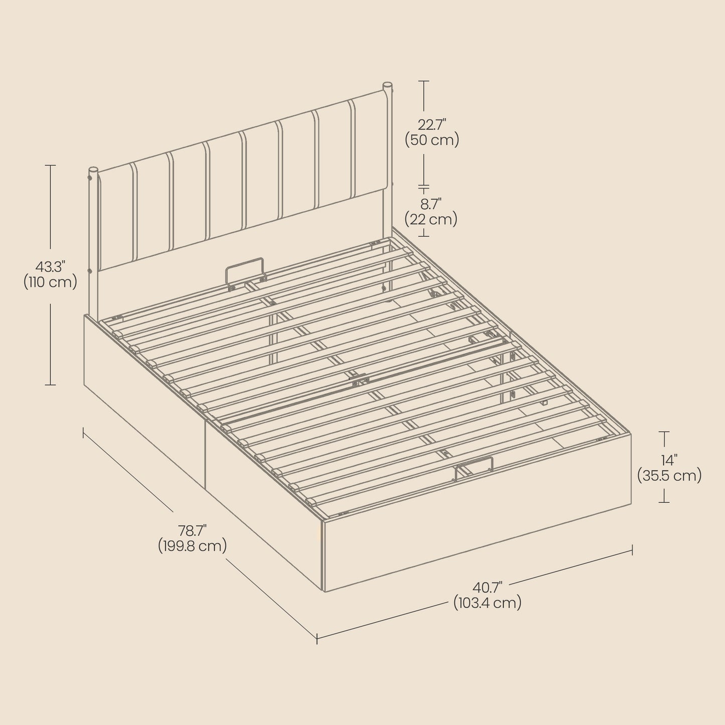 Twin Size Hydraulic Lift-Up Storage Bed Frame with Upholstered Headboard, 12.5-Inch Underbed Space, Supports 550 lbs, Cappuccino Beige