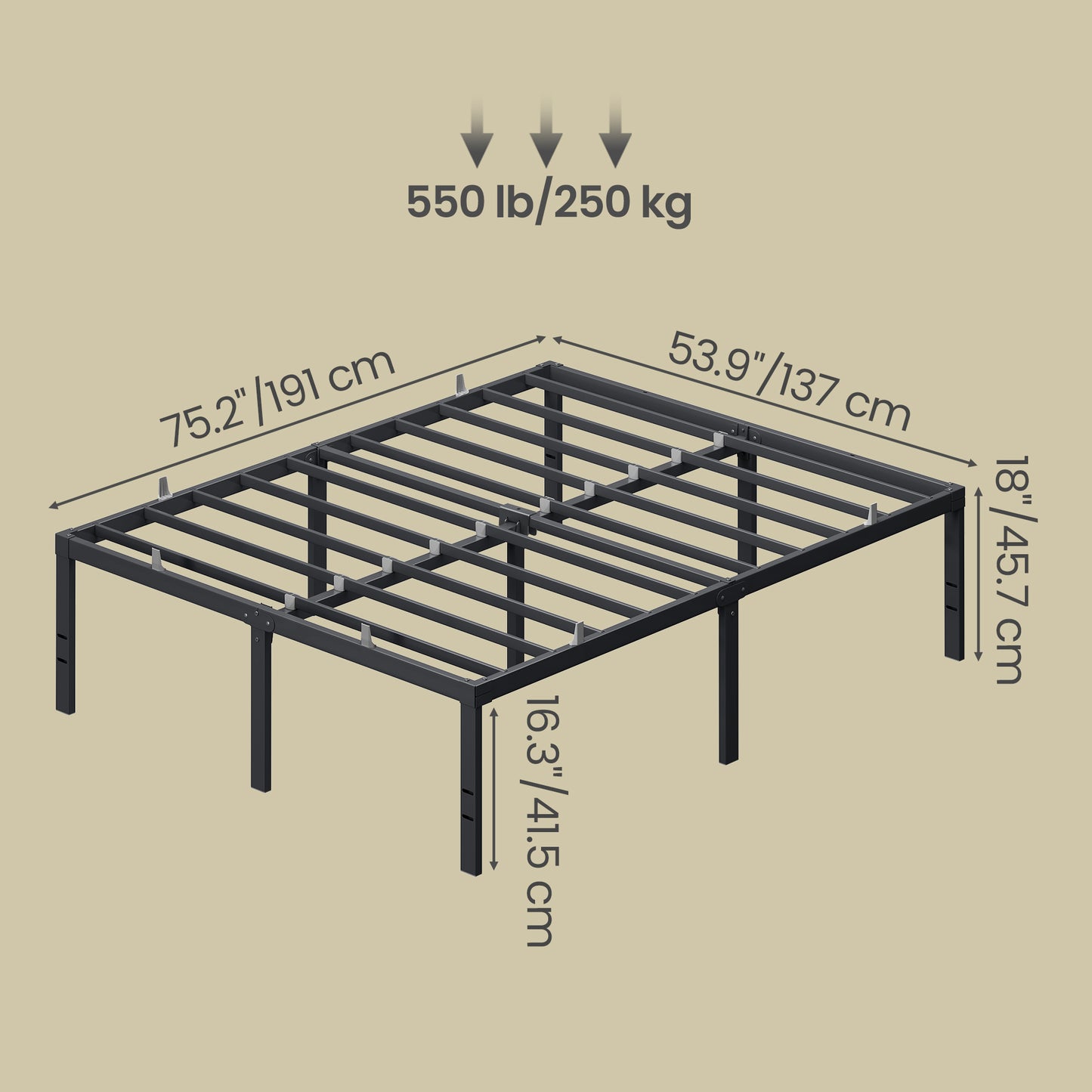 Heavy Duty Full Bed Frame, 18" Tall Platform Bed, 1100 lb Capacity, No Box Spring Needed, Under-Bed Storage, Easy Assembly, Mattress Retainers, Matte Black