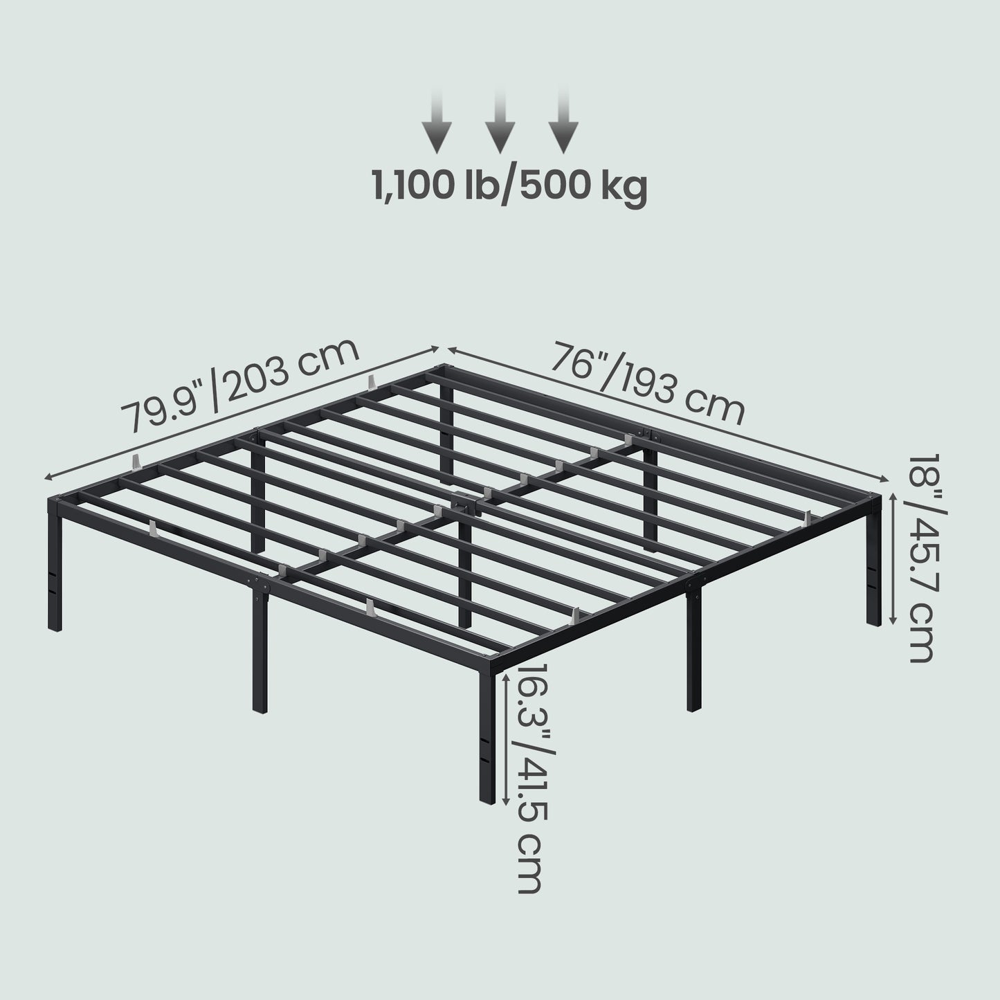 Heavy Duty King Bed Frame, 18" Tall Platform Bed, 1100 lb Capacity, No Box Spring Needed, Under-Bed Storage, Easy Assembly, Mattress Retainers, Matte Black