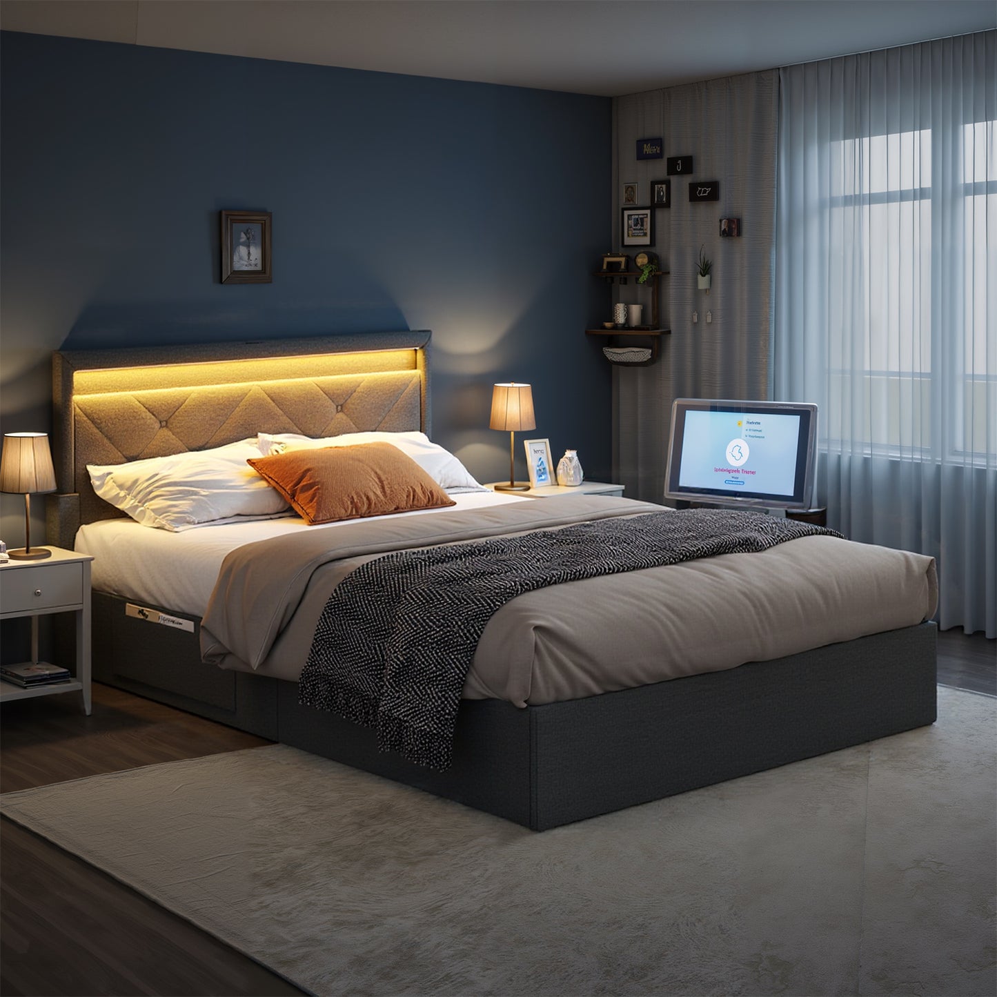 Queen Size LED Platform Bed Frame, Adjustable 36.7/39.3 Inch Upholstered Headboard with 4 Drawers, 2 Charging Ports & Storage Bags, Dark Gray