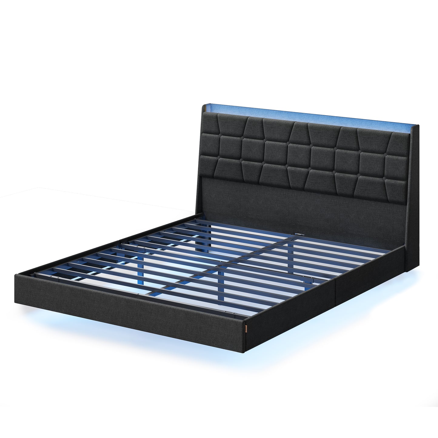 Queen Floating Bed Frame with LED Lights, Tufted Storage Headboard, Built-In Charging Station, Noise-Free Platform, Dark Gray