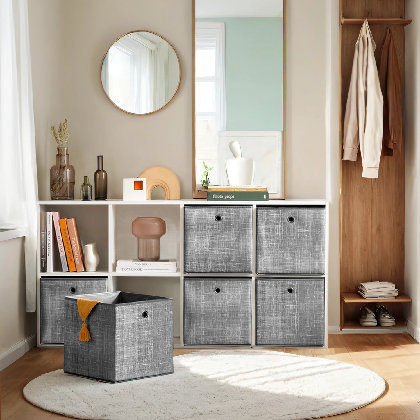 Storage Cube Organizer - 6-Pack Foldable Fabric Bins with Handles, 11" Shelving System for Clothes, Toys, Cattail Gray