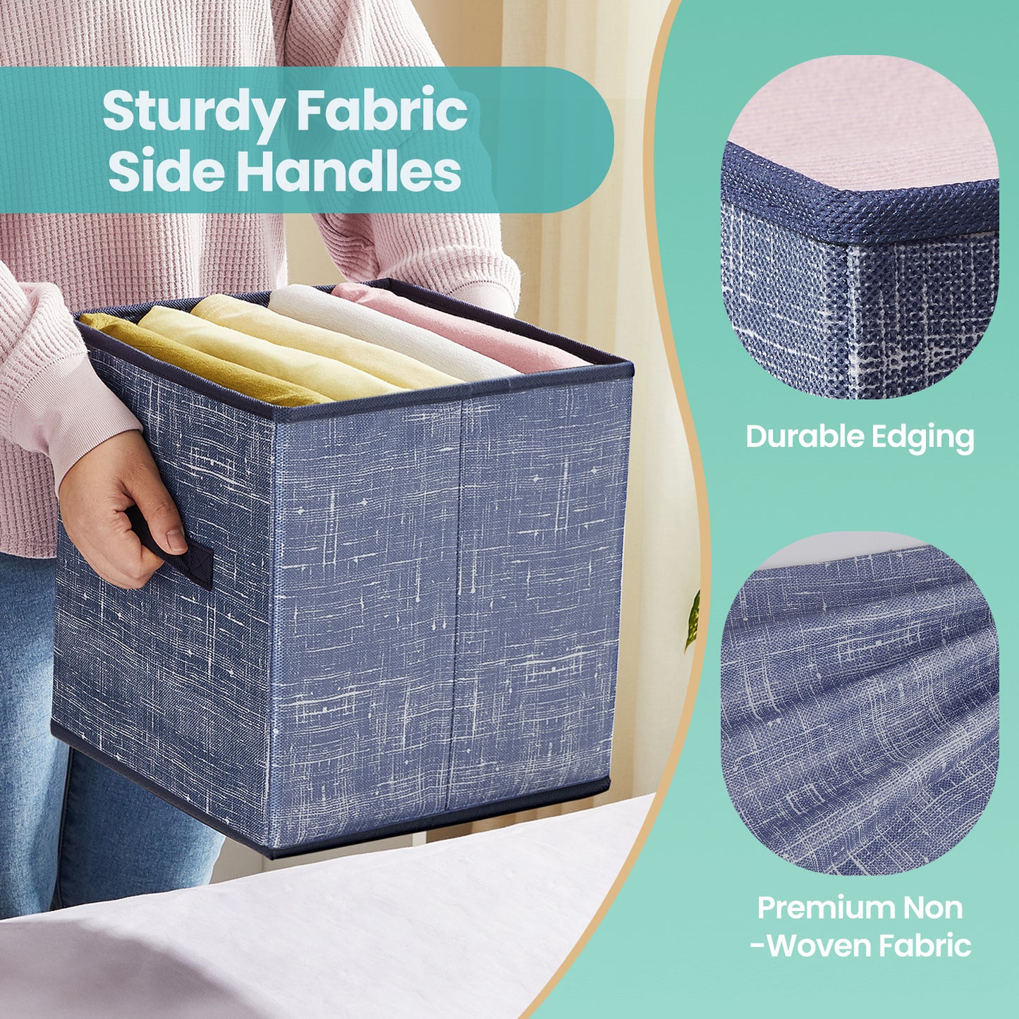 Storage Cubes Organizer - 6-Pack Foldable Fabric Bins with Double Handles, 11-Inch Shelves Organizer for Clothes, Toys, Misty Blue