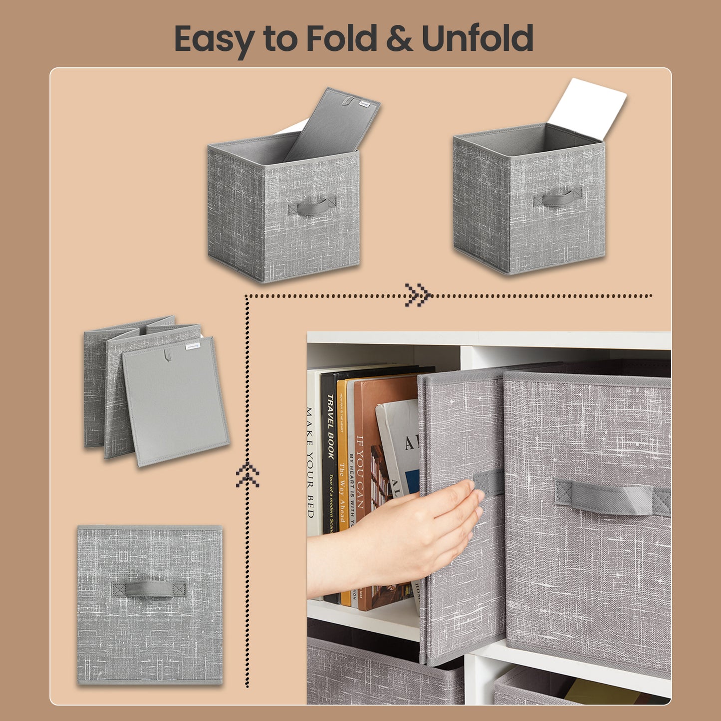 Storage Cubes Organizer - 6-Pack Foldable Fabric Bins with Double Handles, 11" Shelving System for Clothes, Toys, Taupe