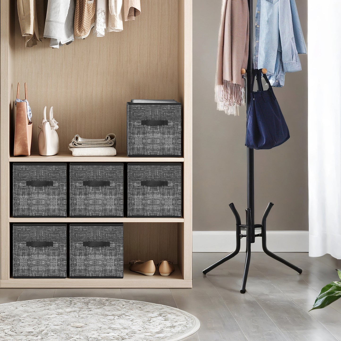 Storage Cube Organizer - 6-Pack Foldable Fabric Bins with Handles, 12" Shelving System for Clothes, Toys, Classic Black