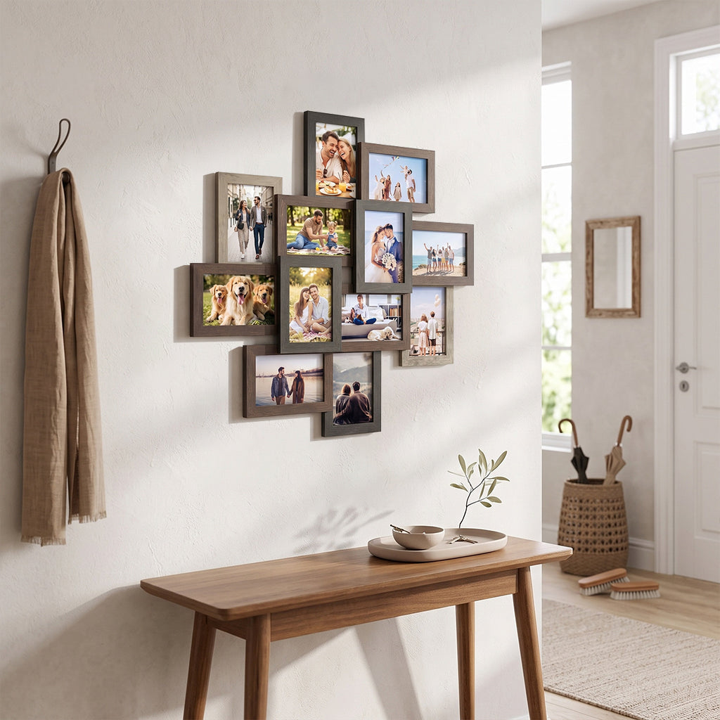 LEDREM Wall-Mounted Photo Frame Collage for 12 Pictures, Glass and MDF Frames, Family Photo Display Set, Maroon Brown and Heather Greige