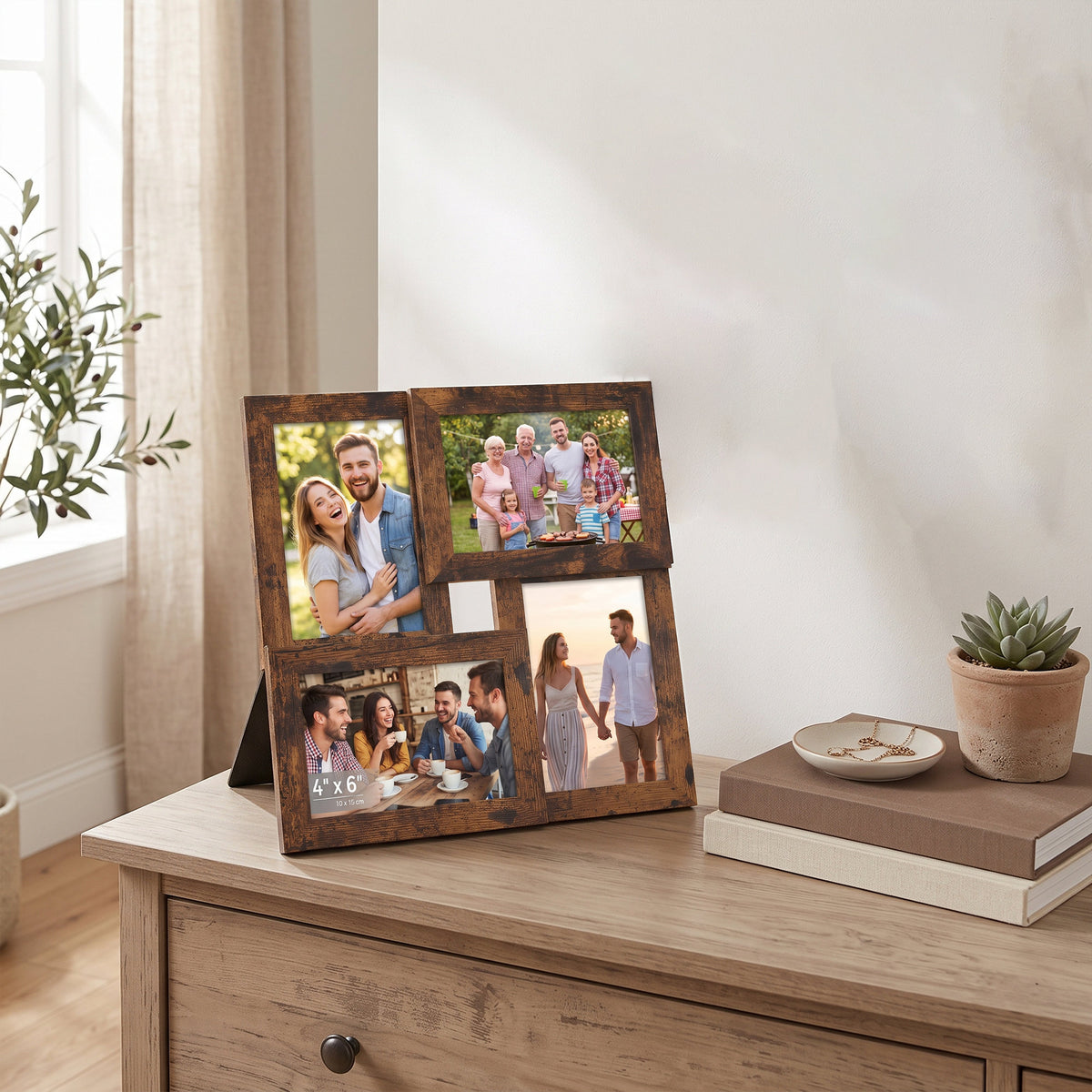 LEDREM Wooden Collage Picture Frame with Glass, Wall and Tabletop Display, 4 x 6 inches, Tan and White