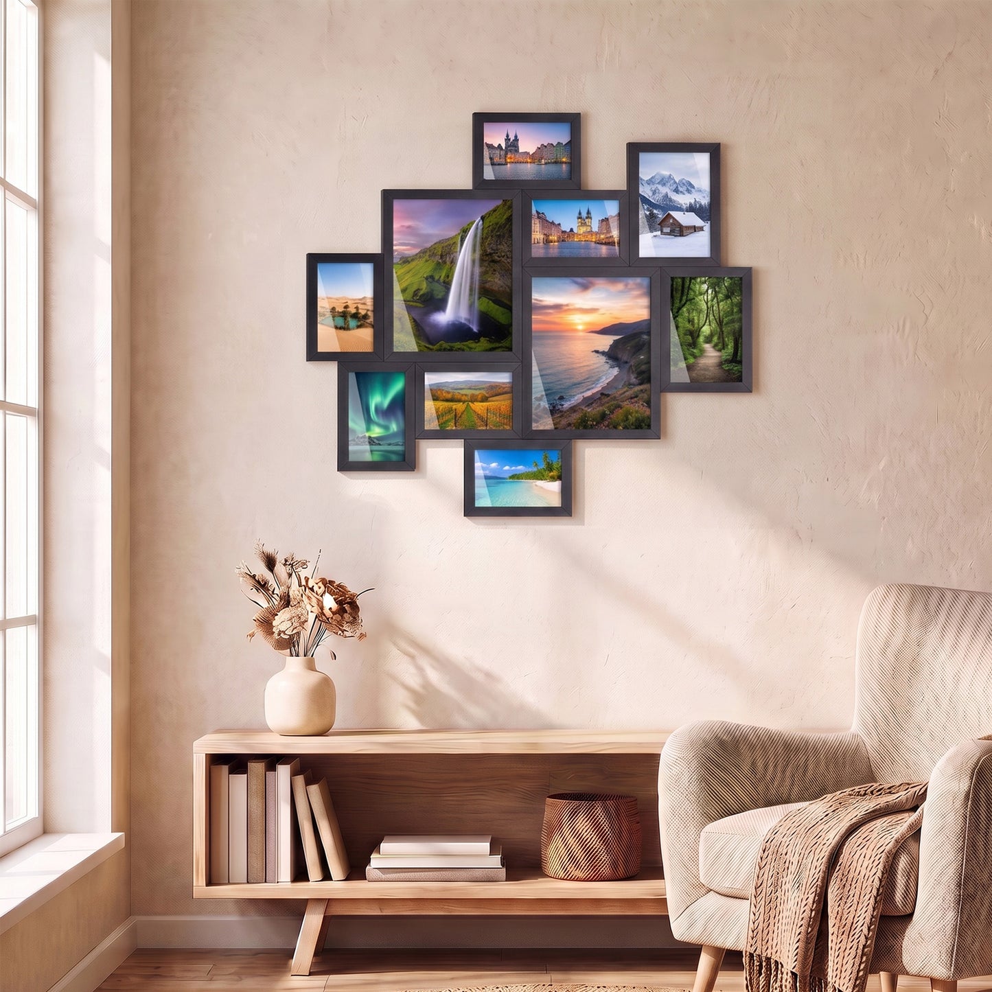 Collage Photo Frames 10-Piece Set, Interlocking Wall Picture Frames, 8x10 5x7 4x6 Inches, Black