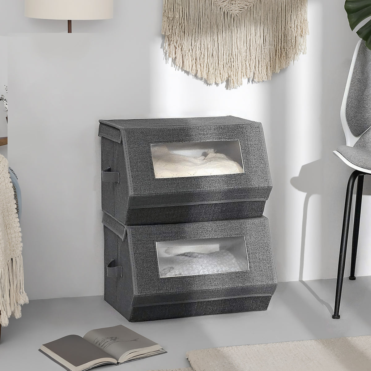 LEDREM Storage Bins Set of 2, Stackable Boxes with Magnetic Lids and Clear Window, 15 x 13.8 x 9.8 Inches, Dark Gray