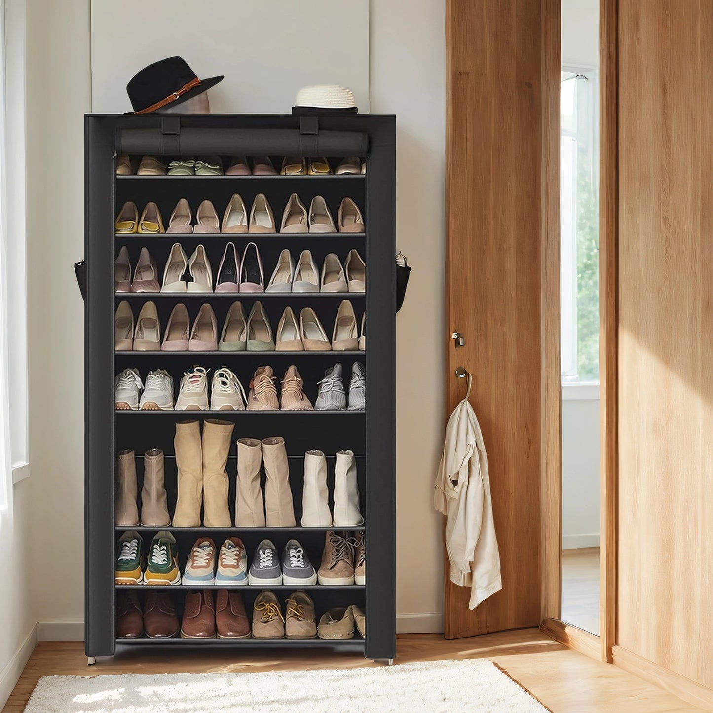 9-Tier Shoe Rack with Dustproof Cover, Storage Organizer for 40-50 Pairs of Shoes, Adjustable Shelves for Boots & Heels, 63 Inch, Black