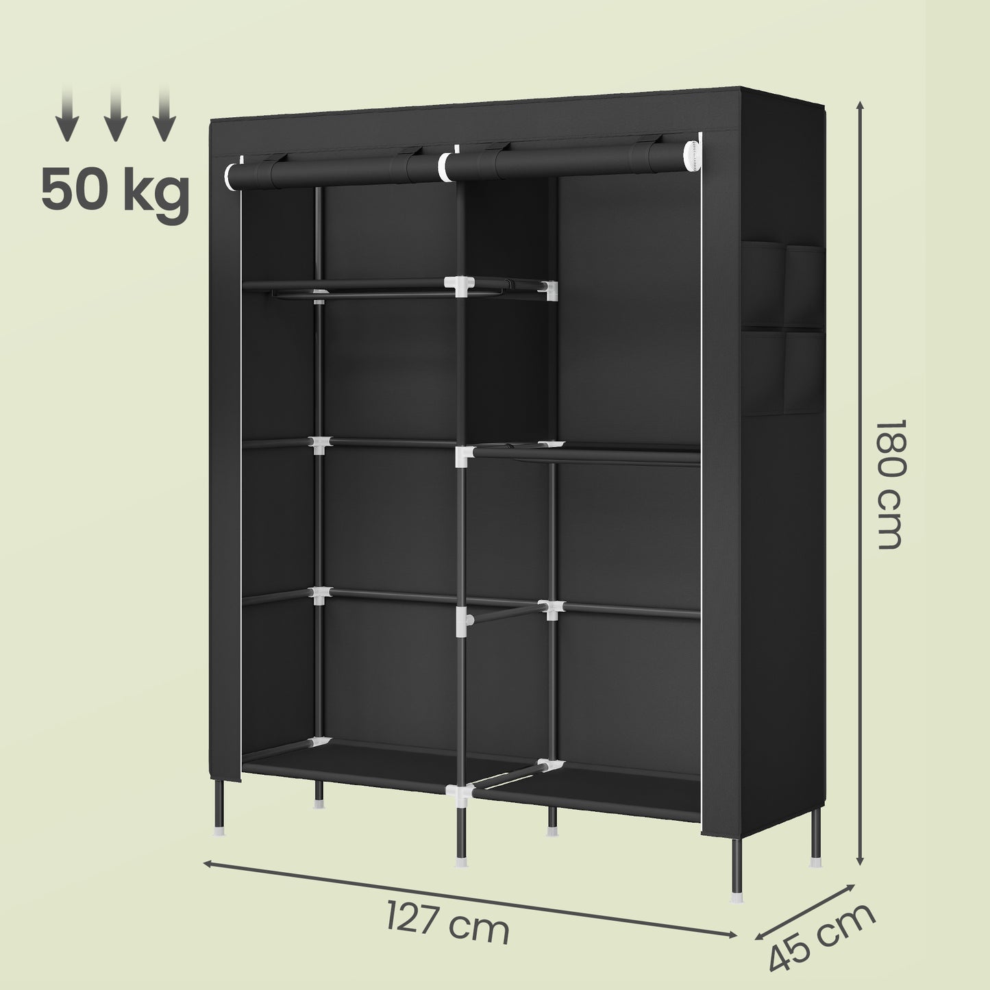 Portable Closet, Fabric Wardrobe with 3 Hanging Rods, Clothes Rack with Shelves & Side Pockets, Large Capacity, Space-Saving, Black