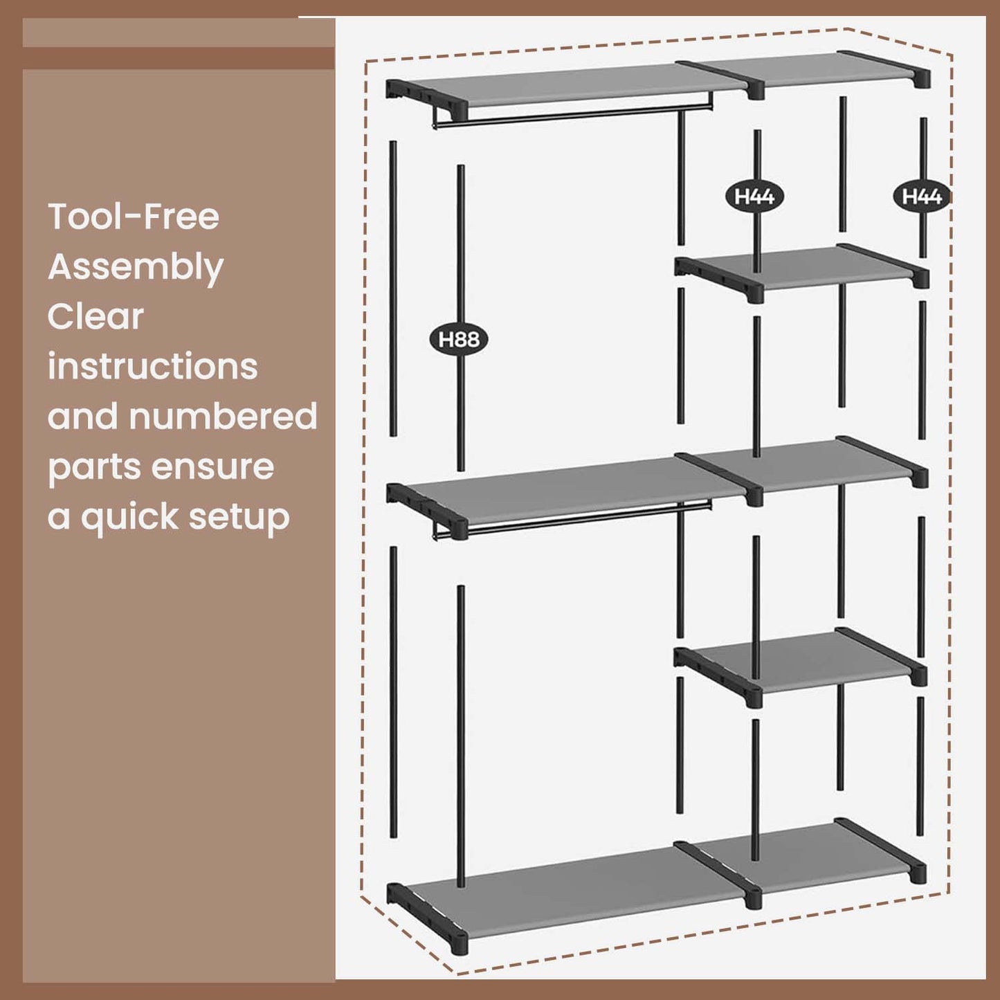 Freestanding Closet Organizer with Shelves, 2 Hanging Rods & 4 Shelves, Portable Wardrobe Rack for Bedroom, Cloakroom, Gray