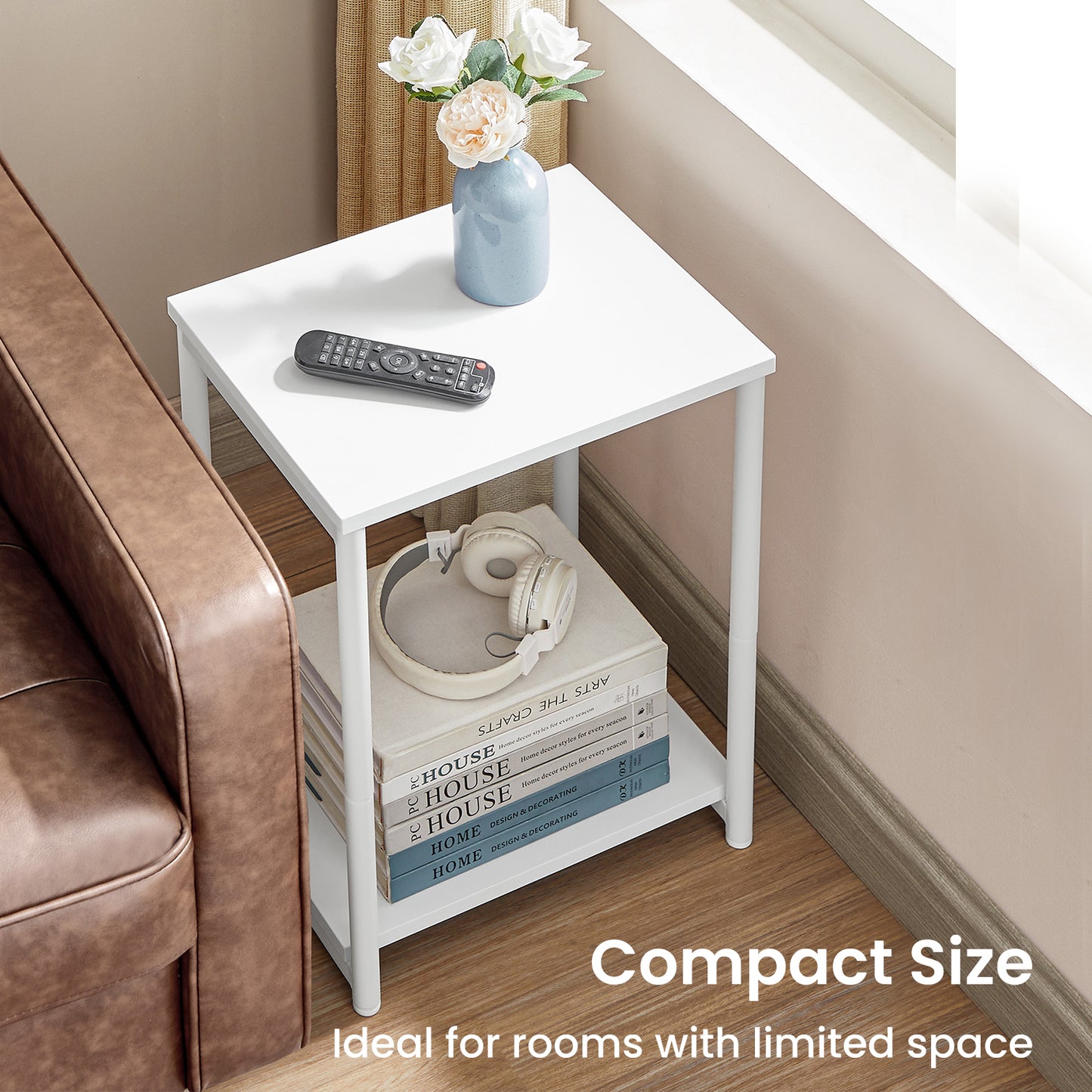 Side Tables Set of 2, Slim Industrial End Tables with 2-Tier Storage, Sturdy Steel Frame & Particleboard, for Living Room,Bedroom,Office, White