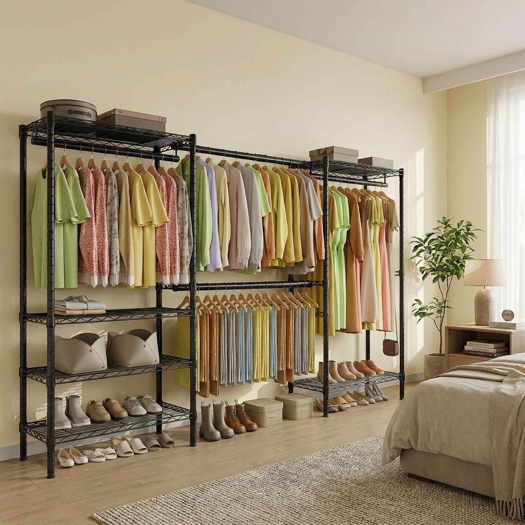 Extendable Heavy-Duty Clothes Rack, Portable Garment Rack with Adjustable Mesh Shelves & Hanging Rails, Hooks, Ink Black
