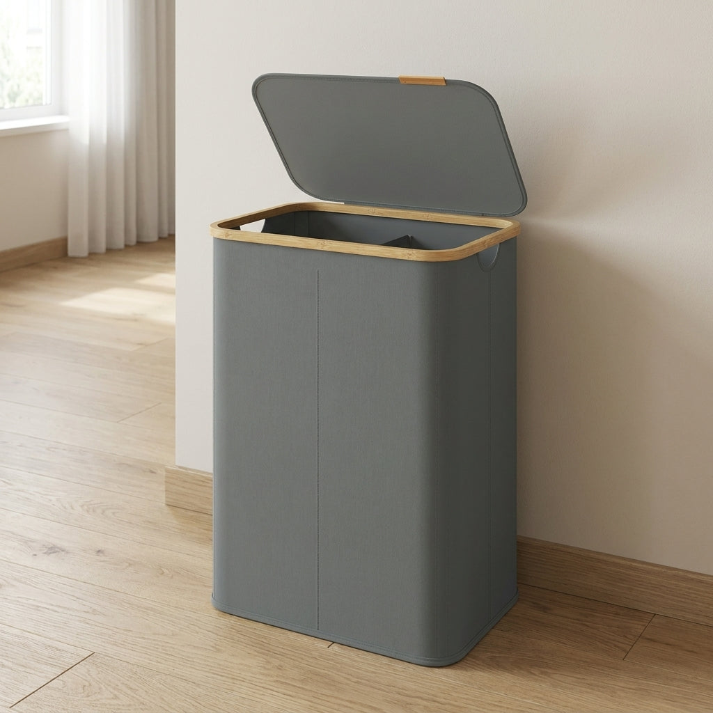 Laundry Hamper with Lid, Foldable Bamboo Frame Basket, 37 Gal 2-Compartment Organizer, Oxford Fabric, for Bedroom Living Room, Slate Gray