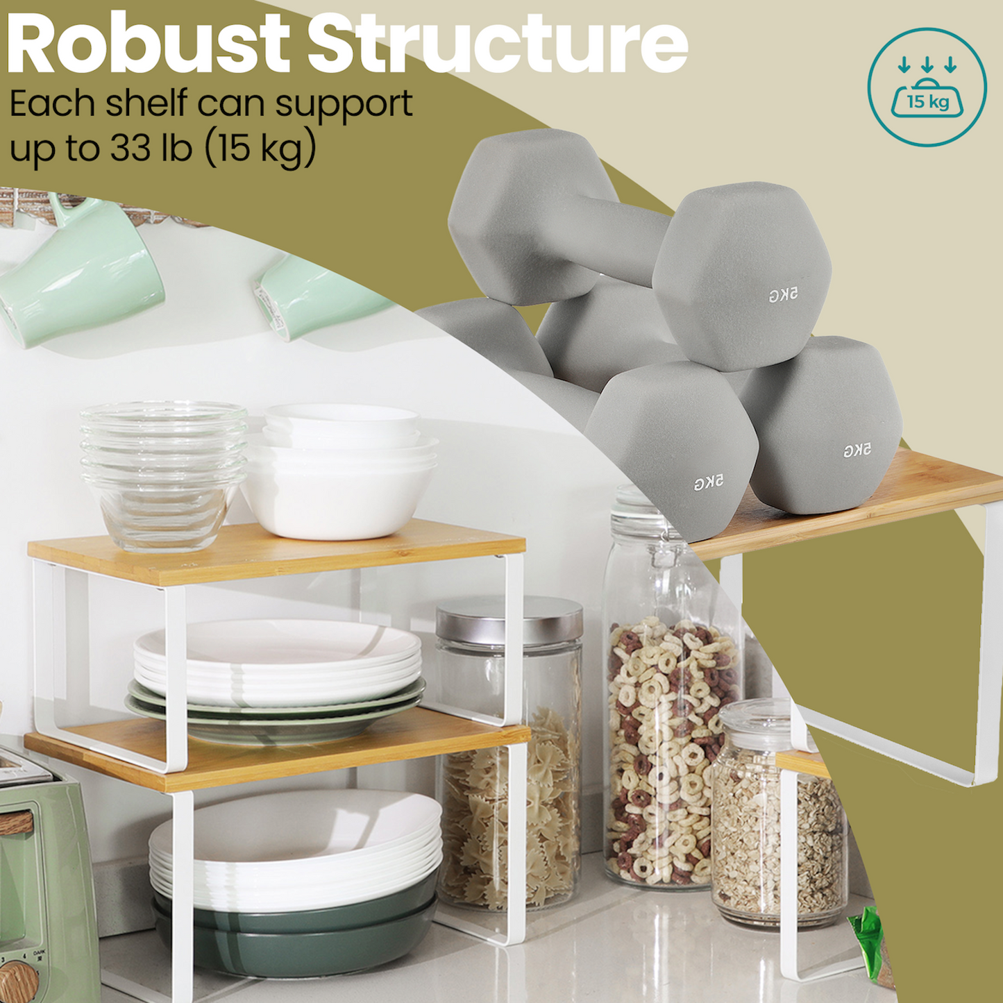 Kitchen Cabinet Organizer Shelf Set - 4-Tier Stackable & Expandable Storage Rack, Spice & Pantry Shelf, Metal,Wood Design, White,Beige