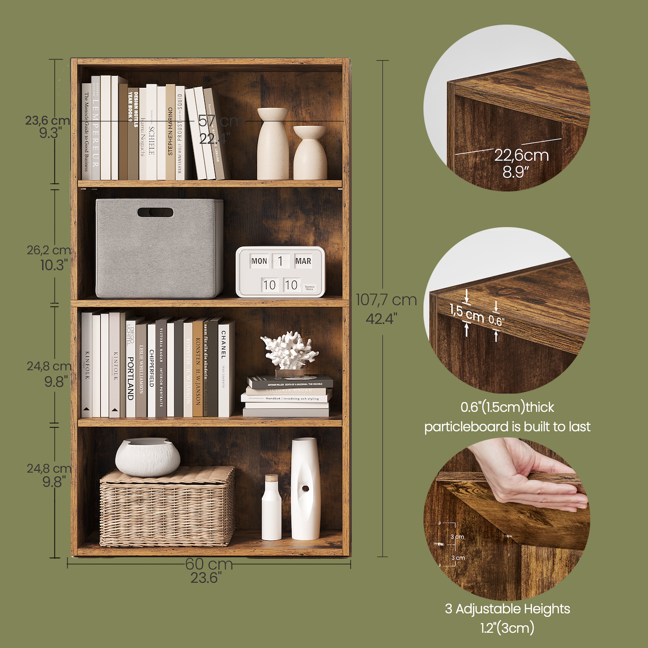 4-Tier Bookcase, Adjustable Open Shelf, 23.6" Wide Storage Unit for Books, Decor & Office, Rustic Brown