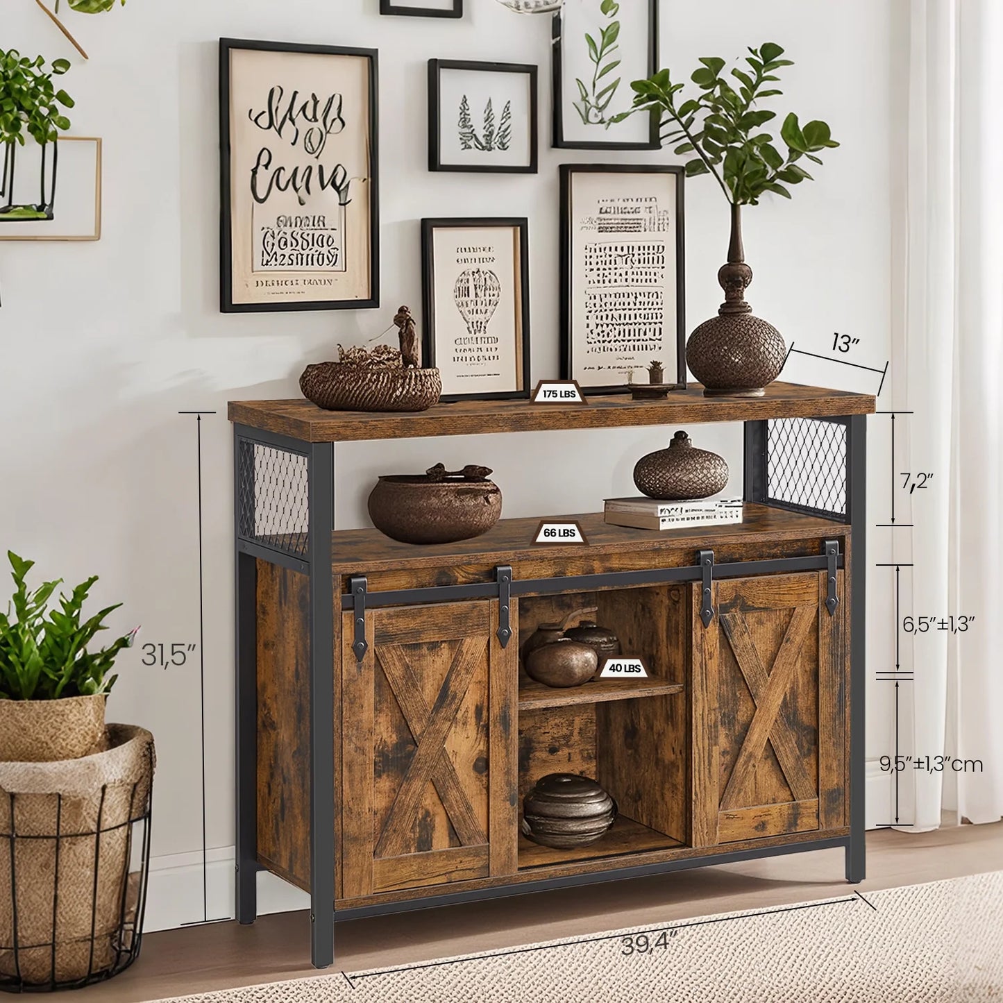 Industrial Coffee Bar Cabinet - 39.4" Sideboard with 2 Sliding Barn Doors & Adjustable Shelves, Rustic Brown and Black