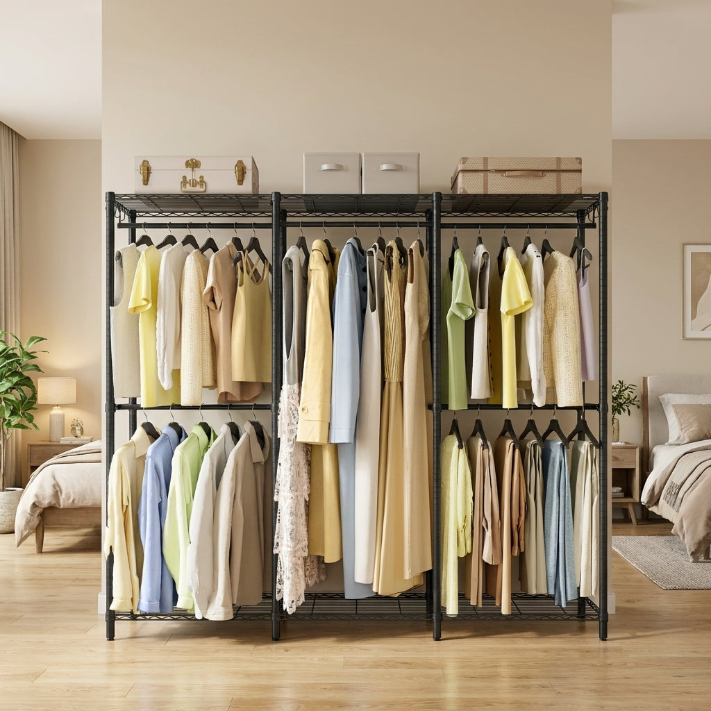 Clothing Rack with Adjustable Shelves & Hanging Rails, Heavy-Duty Garment Rack, Freestanding Portable Wardrobe, Hooks, Ink Black