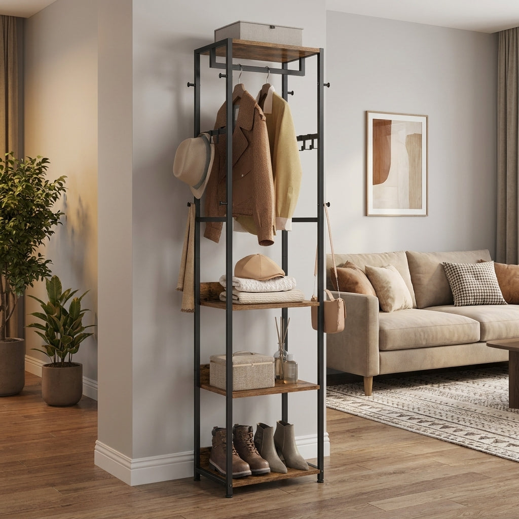 Freestanding Clothes Rack with 4-Tier Shelves, Shoe and Coat Rack, 18.5 x 12 x 70.9 inches, Black