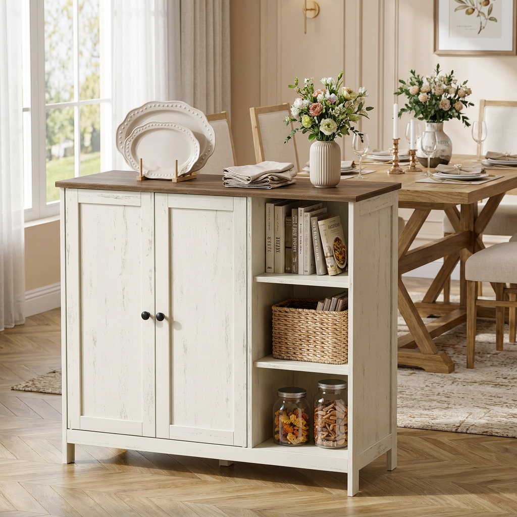 Freestanding Bathroom Cabinet with 2 Doors and Open Shelves, 35.4 x 11.8 x 31.5 inches, White and Tan