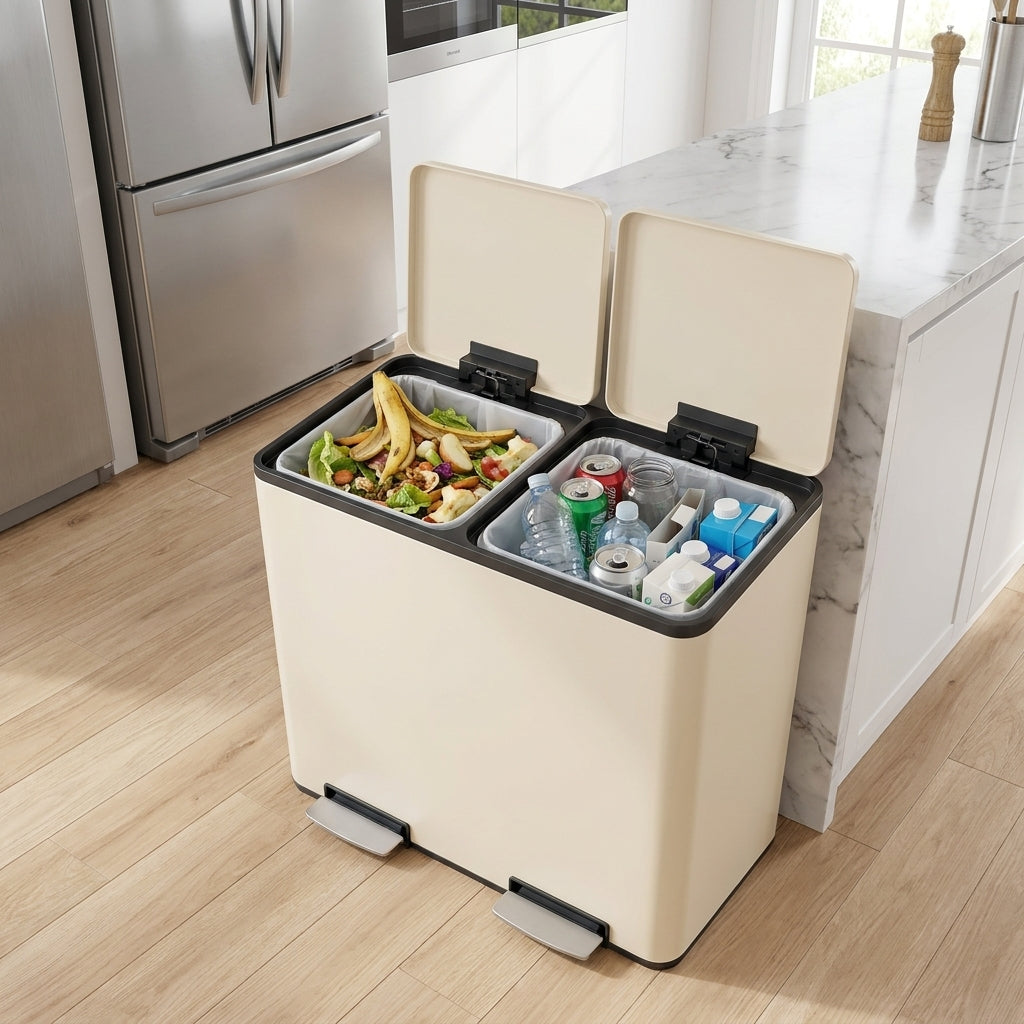 Trash Can, 60L Double Compartment PP Plastic, PE Plastic, Stainless Steel Step Garbage Can, 23.2 x 14.3 x 24.6 inches, Gold