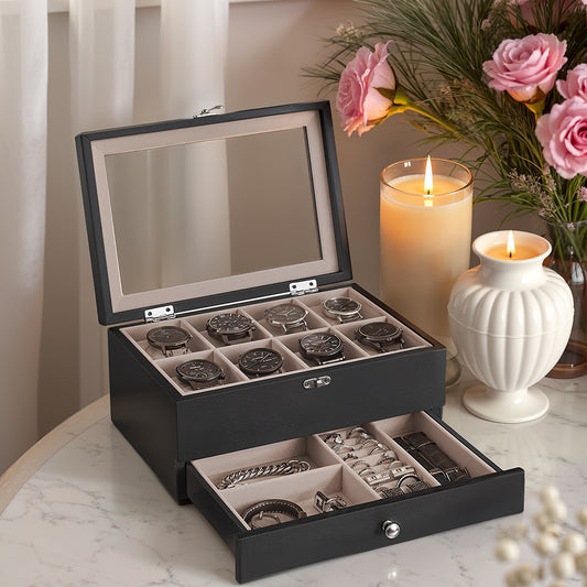 2-Tier Wooden Watch Box with 8-Slot Display, Large Glass Lid & Removable Pillows, Velvet-Lined Jewelry Organizer, Ebony Black