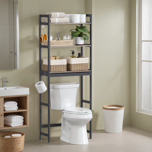 3-Tier Over-The-Toilet Storage Organizer with Adjustable Shelves & Hooks, Bamboo Bathroom Shelving Unit, Heather Greige and Ink Black