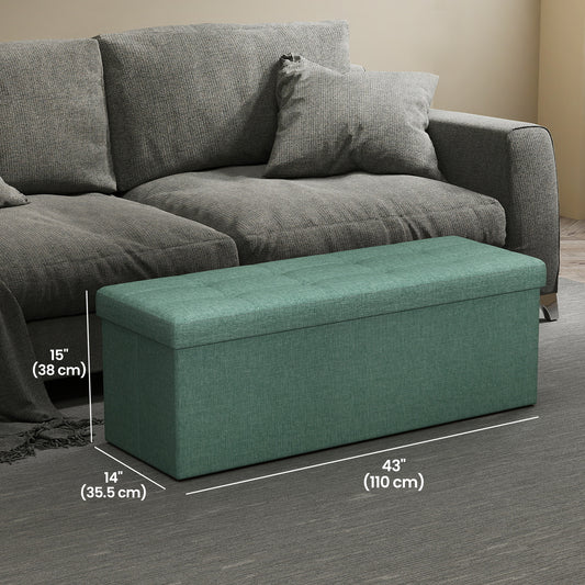 43" Foldable Storage Ottoman Bench, 660 lb Capacity, Tufted Linen-Look, Multi-Functional Footrest，Seat，End-of-Bed Chest, Quick Assembly, Retro Green