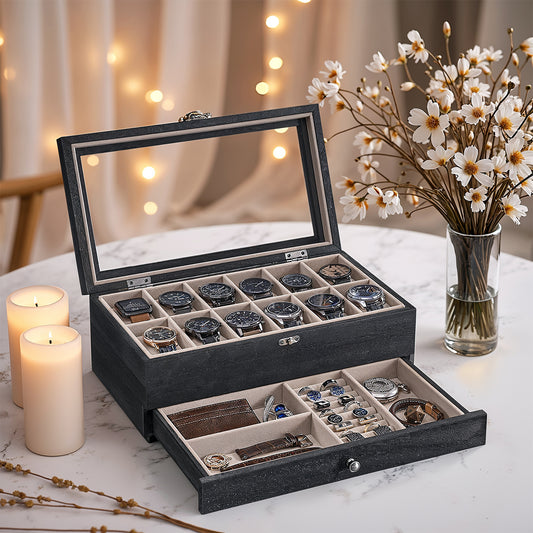 2-Tier Watch Display Case with Glass Top, 12-Slot Wooden Watch Box with Removable Pillows & Jewelry Drawer, Ebony Black