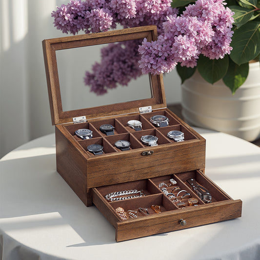 2-Tier Wood Watch Box with Large Glass Lid, 8-Slot & Drawer Storage, Removable Pillows, Velvet Lined, Rustic Walnut
