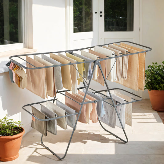 Foldable 2-Tier Clothes Drying Rack, Free-Standing Laundry Airer with 4 Adjustable Wings, 33 Rails & 27 Sock Clips, Space-Saving for Blankets,Towels, No Assembly, Gray