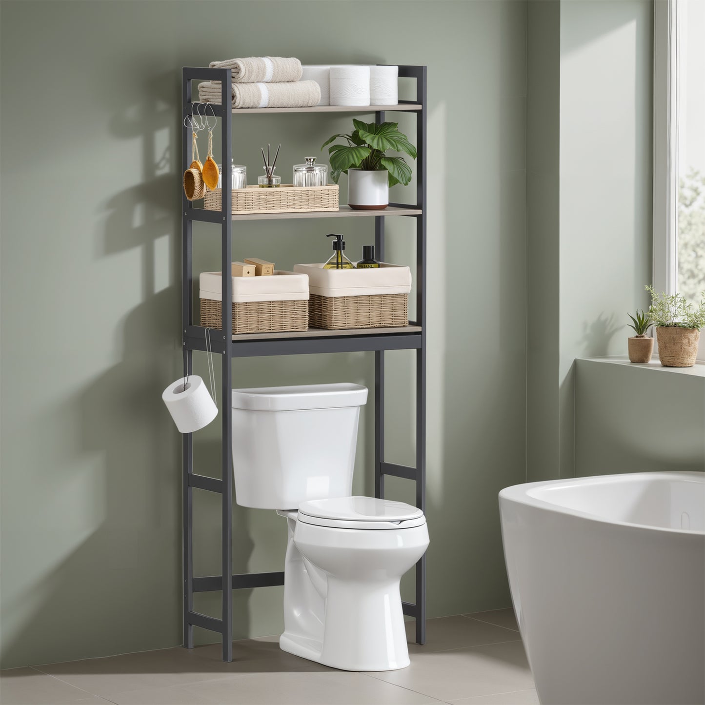 3-Tier Over-The-Toilet Storage Organizer with Adjustable Shelves & Hooks, Bamboo Bathroom Shelving Unit, Heather Greige and Ink Black