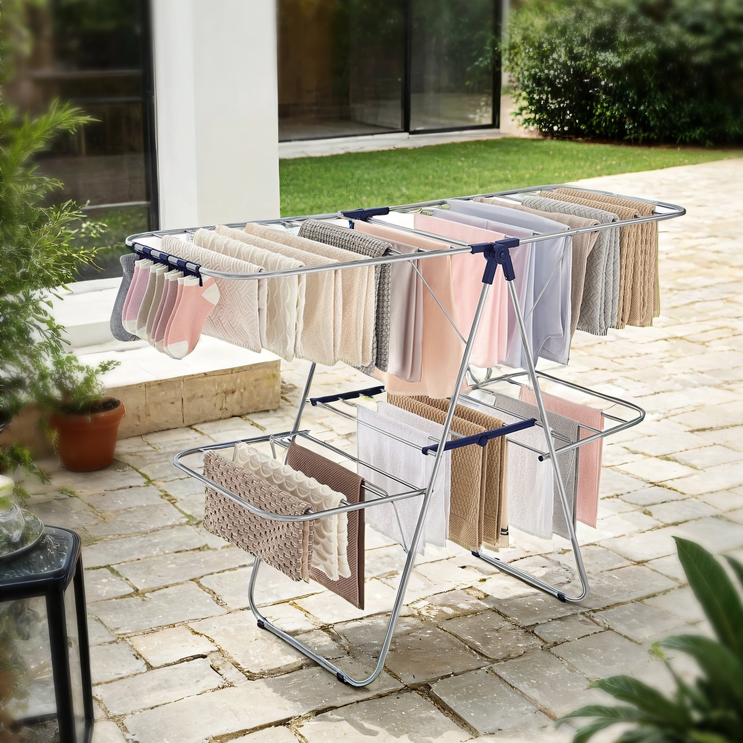 Foldable 2-Tier Clothes Drying Rack, Free-Standing Laundry Airer with 4 Adjustable Wings, 33 Rails & 27 Sock Clips, Space-Saving Design for Blankets,Towels,Clothes, Silver & Blue