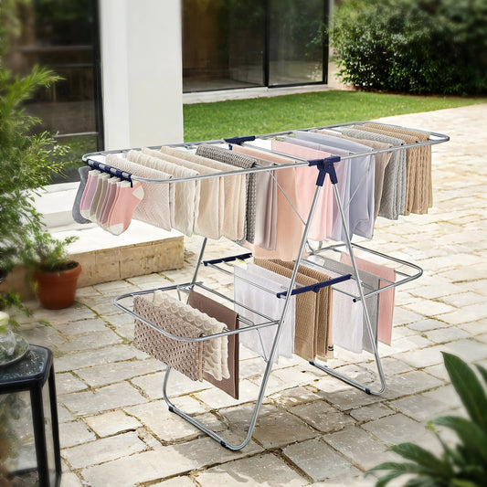 Foldable 2-Tier Clothes Drying Rack, Free-Standing Laundry Airer with 4 Adjustable Wings, 33 Rails & 27 Sock Clips, Space-Saving Design for Blankets,Towels,Clothes, Silver & Blue