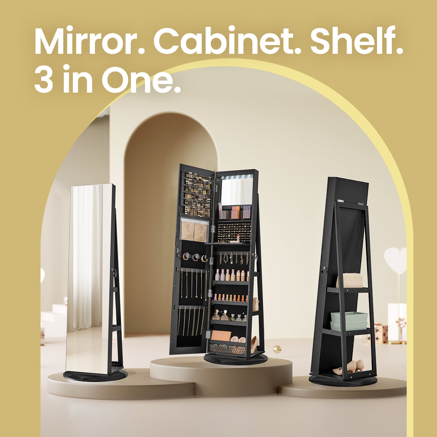 6-LED Lockable Jewelry Cabinet with 360° Swivel Stand, Frameless Full-Length Mirror, 3 Storage Shelves & 4 Compartments, Black