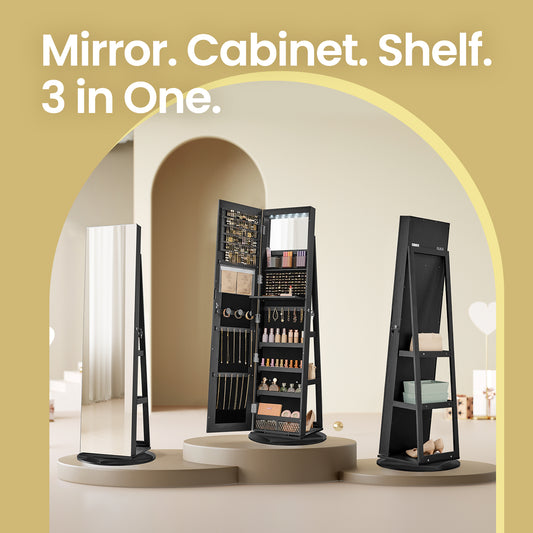 6-LED Lockable Jewelry Cabinet with 360° Swivel Stand, Frameless Full-Length Mirror, 3 Storage Shelves & 4 Compartments, Black