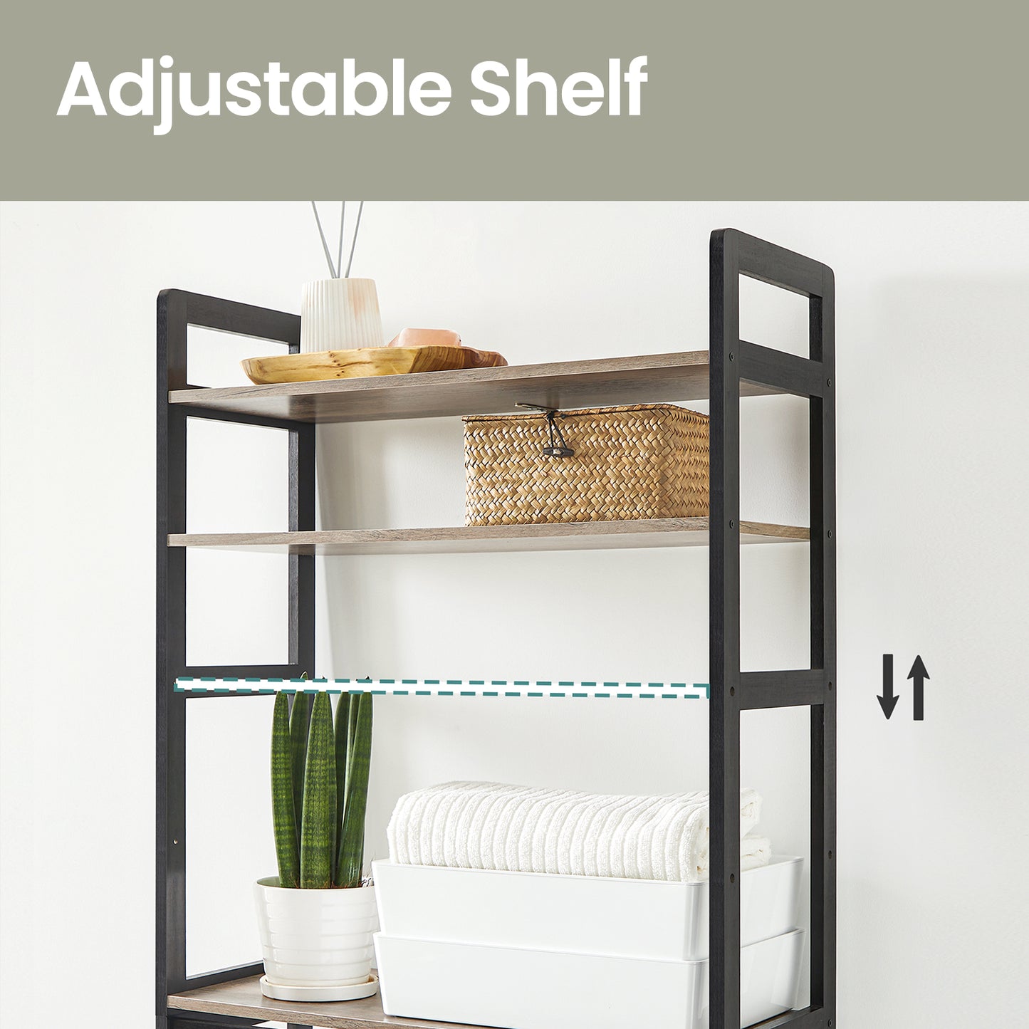 3-Tier Over-The-Toilet Storage Organizer with Adjustable Shelves & Hooks, Bamboo Bathroom Shelving Unit, Heather Greige and Ink Black