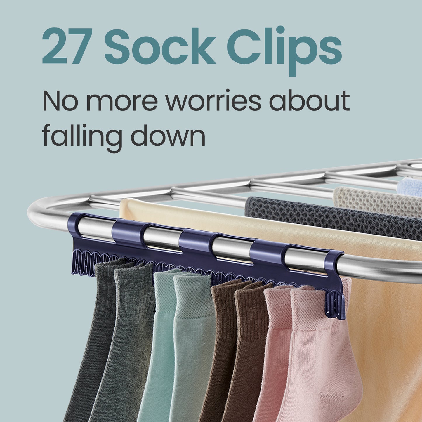Foldable 2-Tier Clothes Drying Rack, Free-Standing Laundry Airer with 4 Adjustable Wings, 33 Rails & 27 Sock Clips, Space-Saving Design for Blankets,Towels,Clothes, Silver & Blue