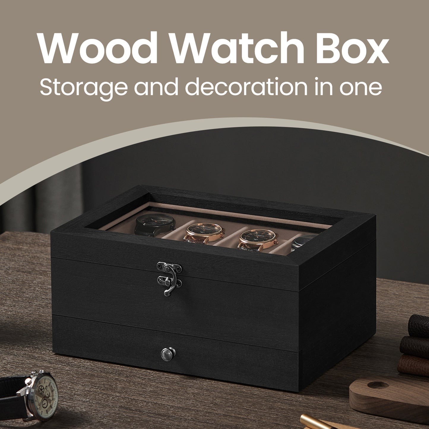 2-Tier Wooden Watch Box with 8-Slot Display, Large Glass Lid & Removable Pillows, Velvet-Lined Jewelry Organizer, Ebony Black