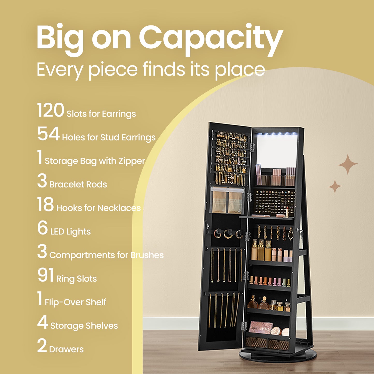 6-LED Lockable Jewelry Cabinet with 360° Swivel Stand, Frameless Full-Length Mirror, 3 Storage Shelves & 4 Compartments, Black