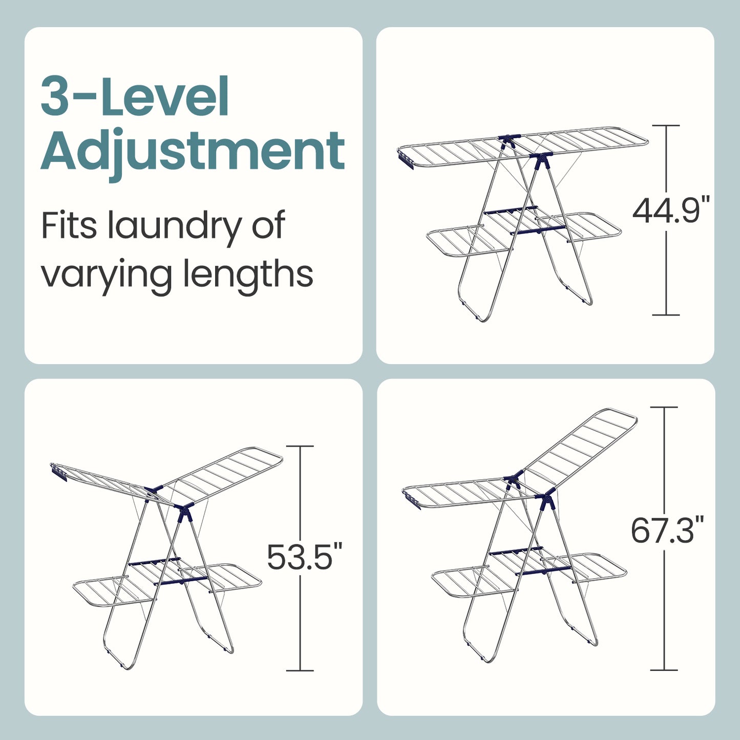 Foldable 2-Tier Clothes Drying Rack, Free-Standing Laundry Airer with 4 Adjustable Wings, 33 Rails & 27 Sock Clips, Space-Saving Design for Blankets,Towels,Clothes, Silver & Blue