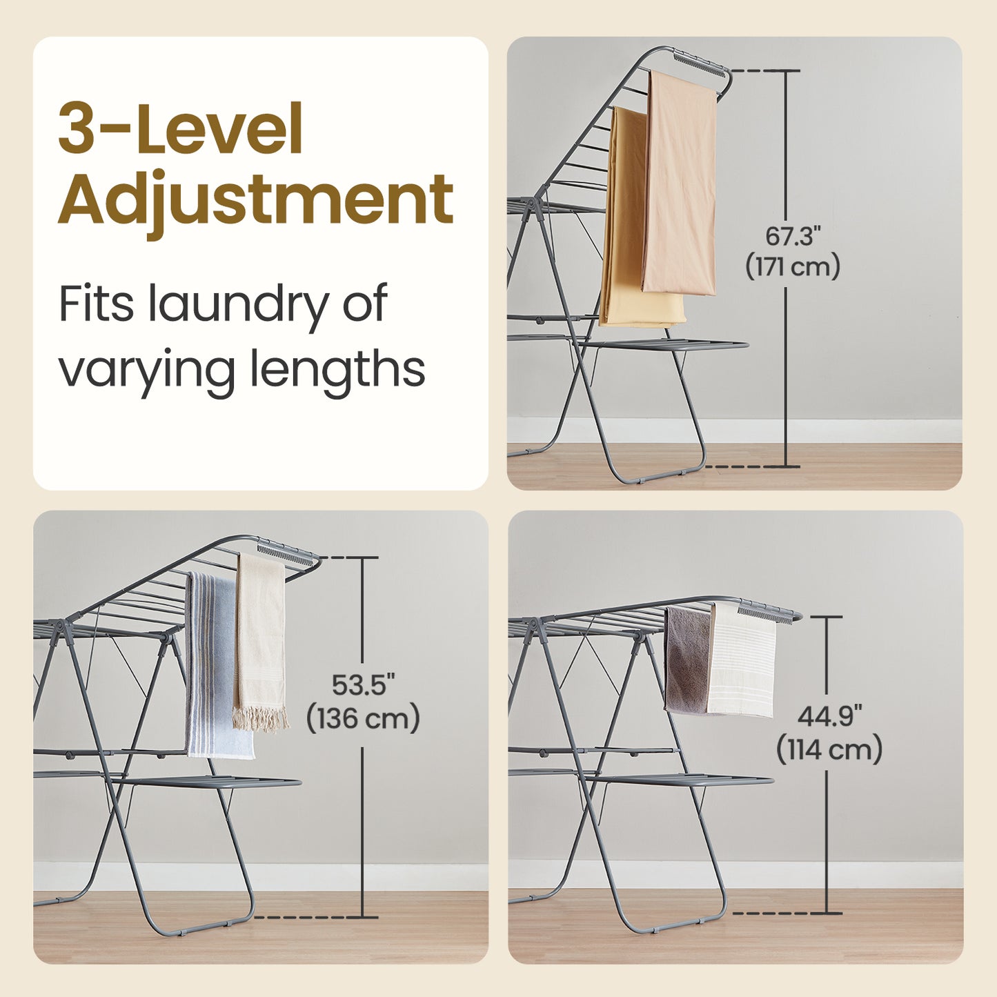 Foldable 2-Tier Clothes Drying Rack, Free-Standing Laundry Airer with 4 Adjustable Wings, 33 Rails & 27 Sock Clips, Space-Saving for Blankets,Towels, No Assembly, Gray
