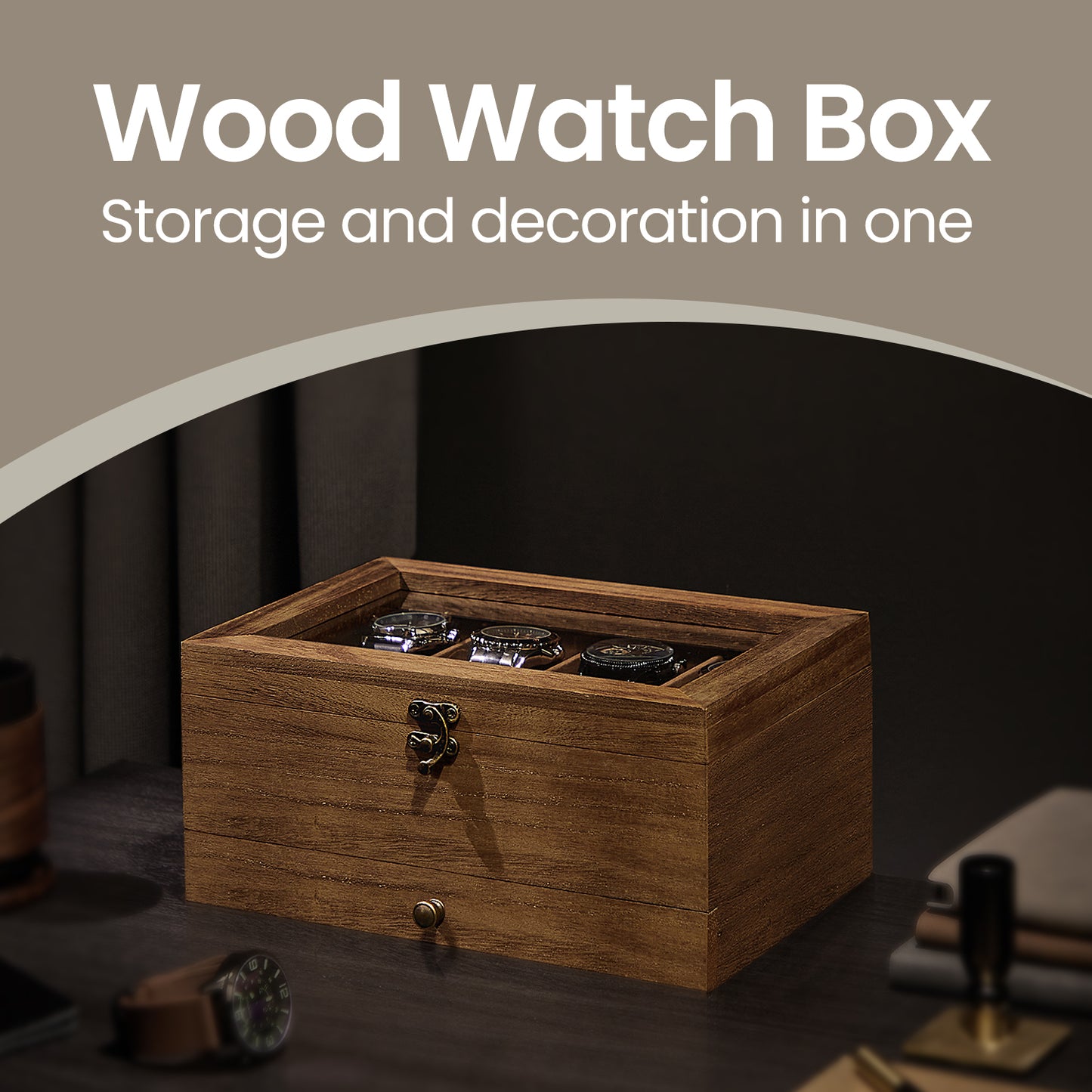 2-Tier Wood Watch Box with Large Glass Lid, 8-Slot & Drawer Storage, Removable Pillows, Velvet Lined, Rustic Walnut