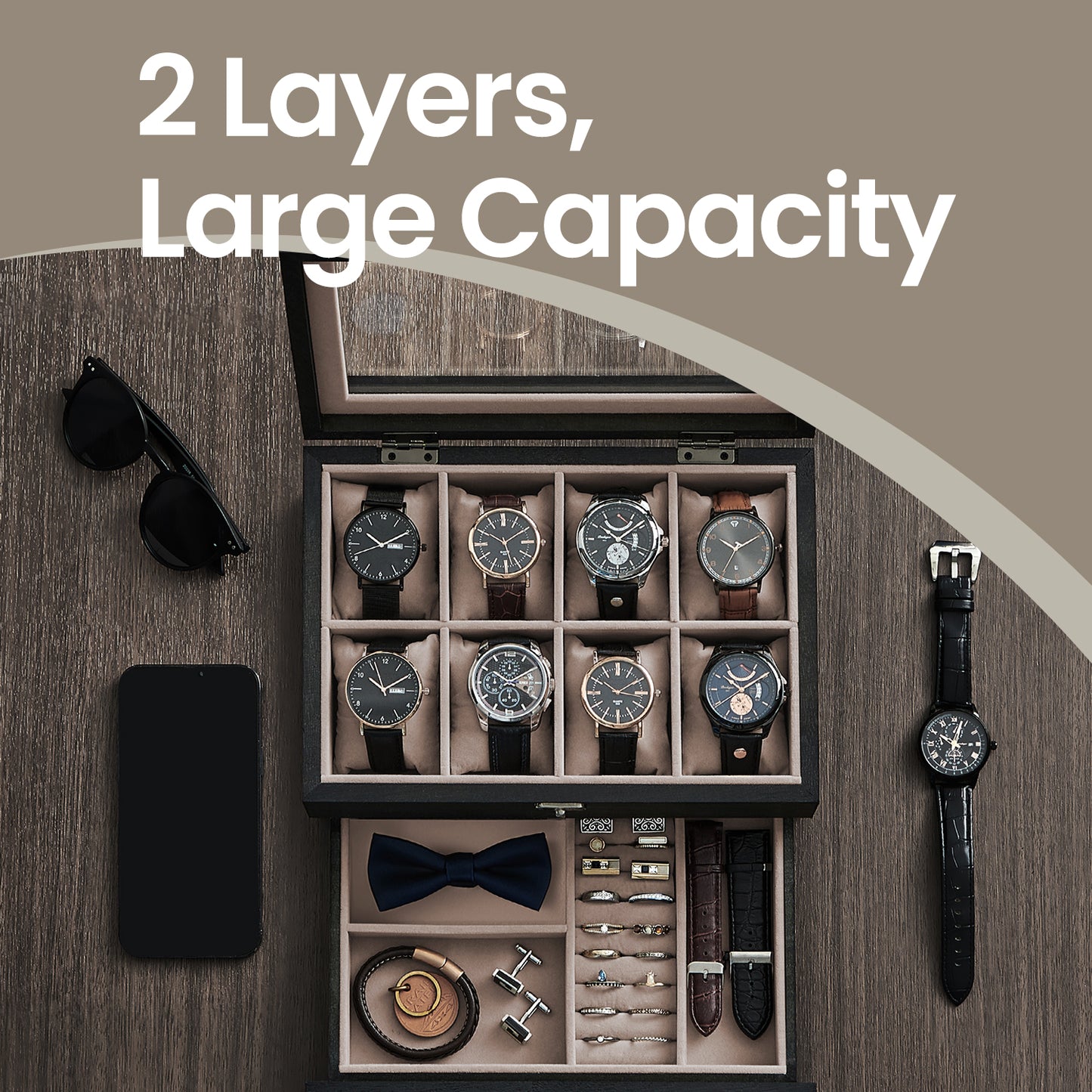2-Tier Wooden Watch Box with 8-Slot Display, Large Glass Lid & Removable Pillows, Velvet-Lined Jewelry Organizer, Ebony Black